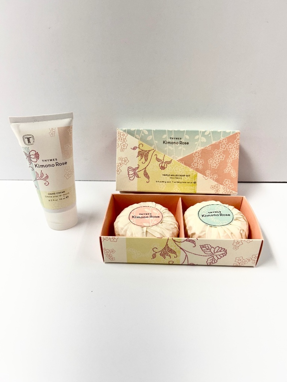 New Thymes Kimono Rose Triple Milled Soap Set and Hand Creme
